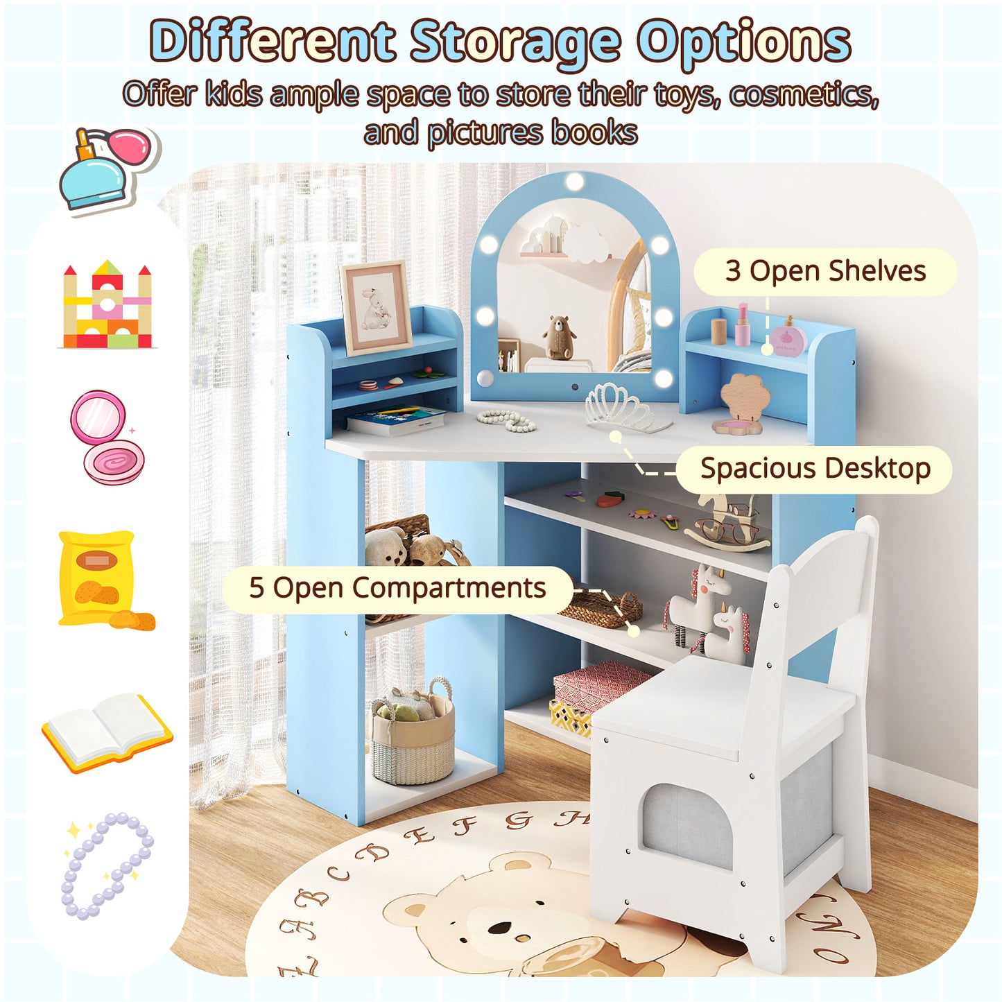 2-In-1 Kids Vanity Set with Lights for Toddlers 3+ Years Old, White