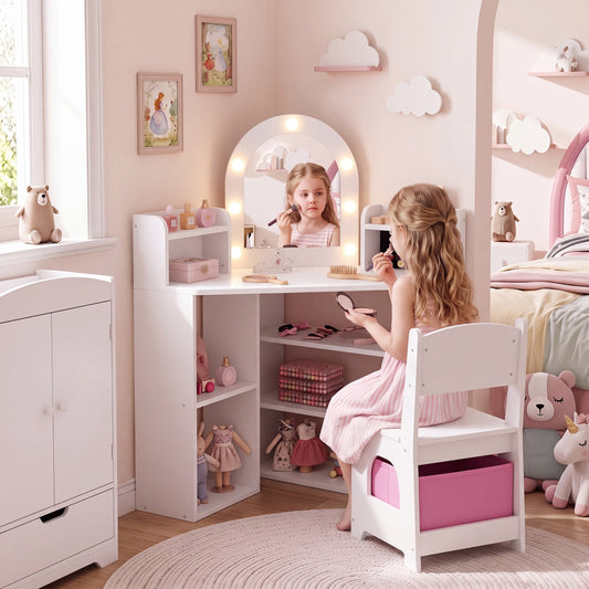2-In-1 Kids Vanity Set with Lights, Ring Slots, White Kids Vanities White at Gallery Canada