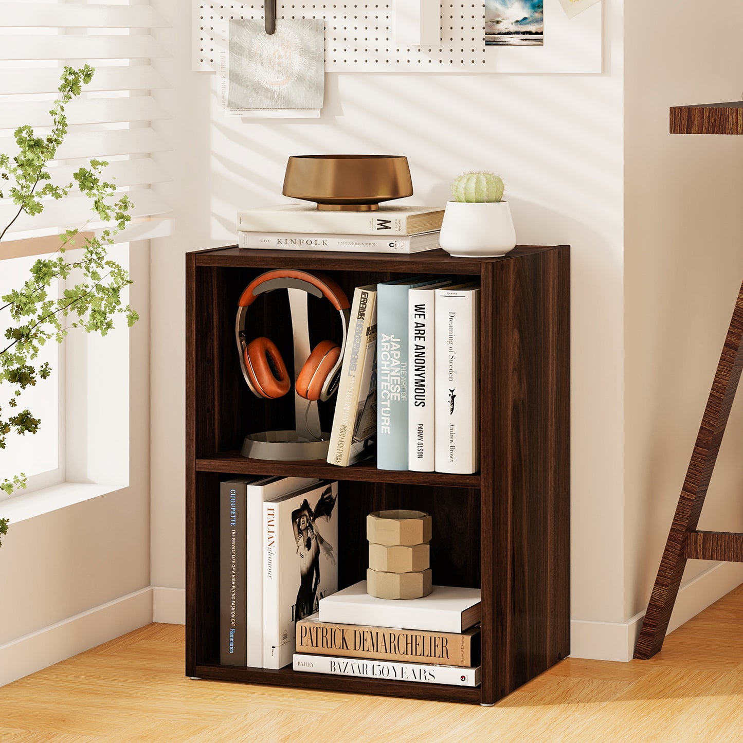 2-Layer Multifunctional Furniture Display Cabinet with Large Capacity Storage Space, Walnut Bookcases at Gallery Canada