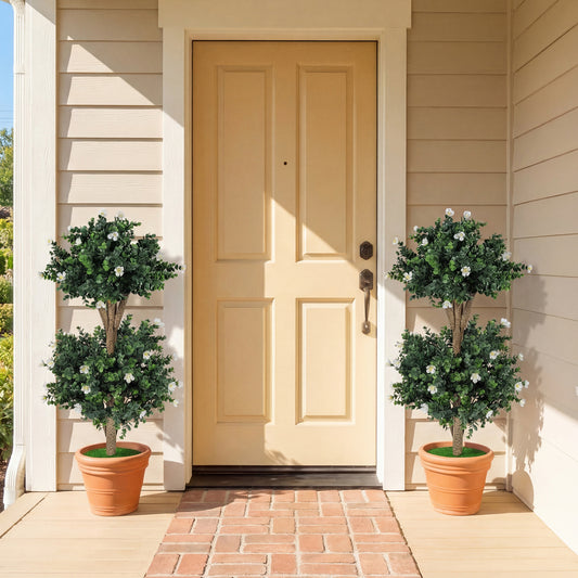2 Pack 36" Artificial Boxwood Topiary Tree, 41 Blossoms, White Faux Plants White at Gallery Canada