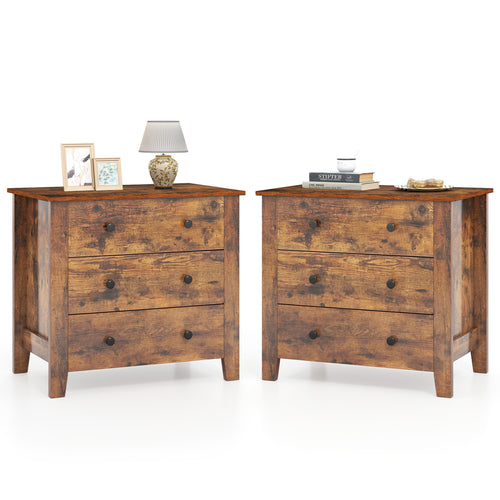 2-Pack 3 Drawer Dresser, Bedside Table, Brown