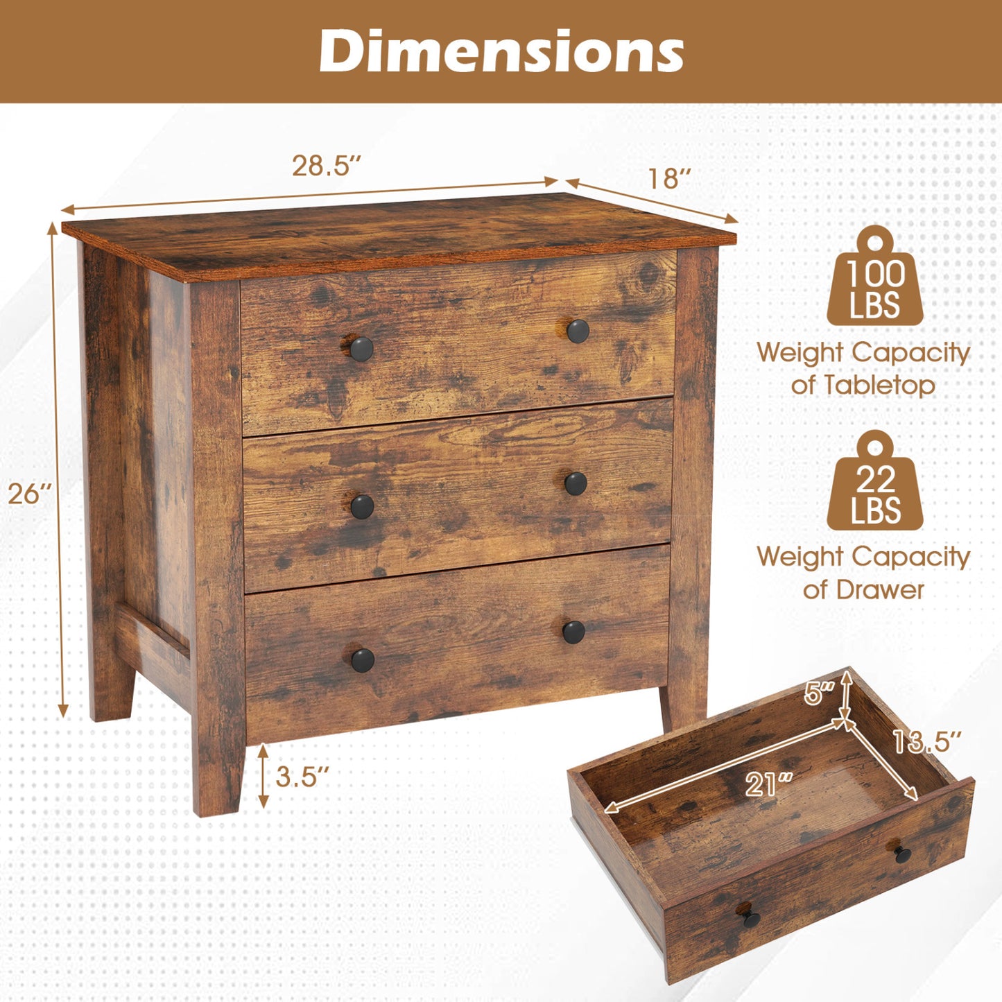 Commode à 3 tiroirs en pack de 2, table de chevet, marron