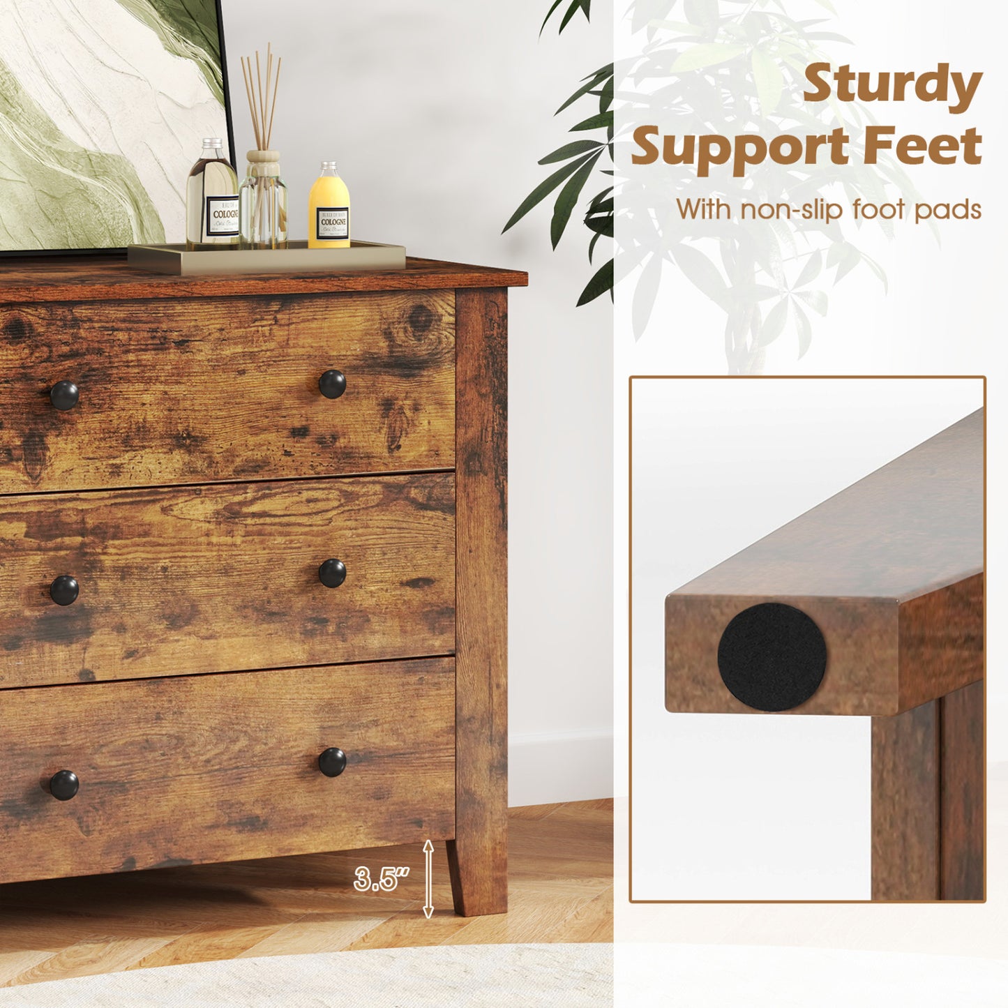 Commode à 3 tiroirs en pack de 2, table de chevet, marron