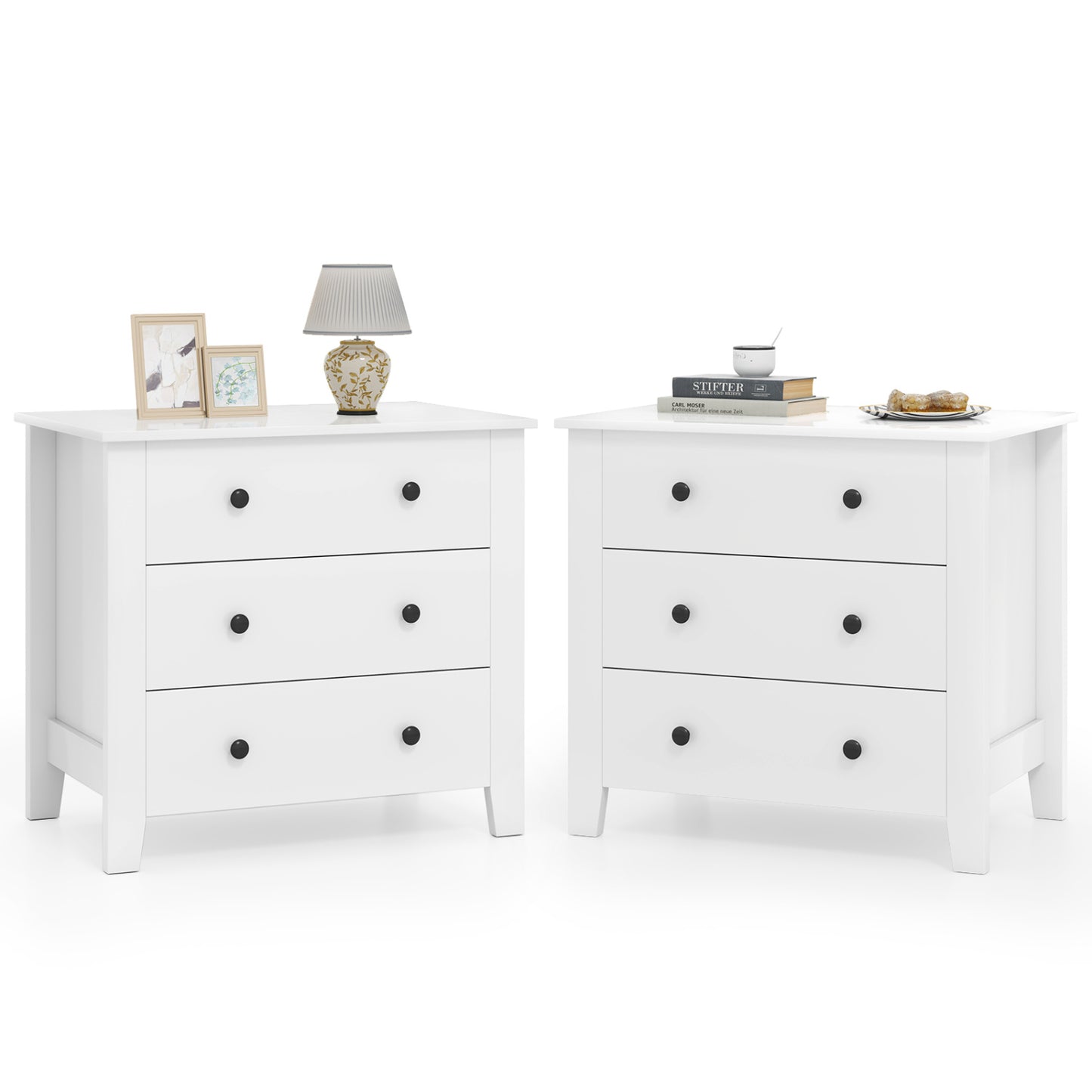2-Pack 3 Drawer Dresser Chest, Bedside Table, White