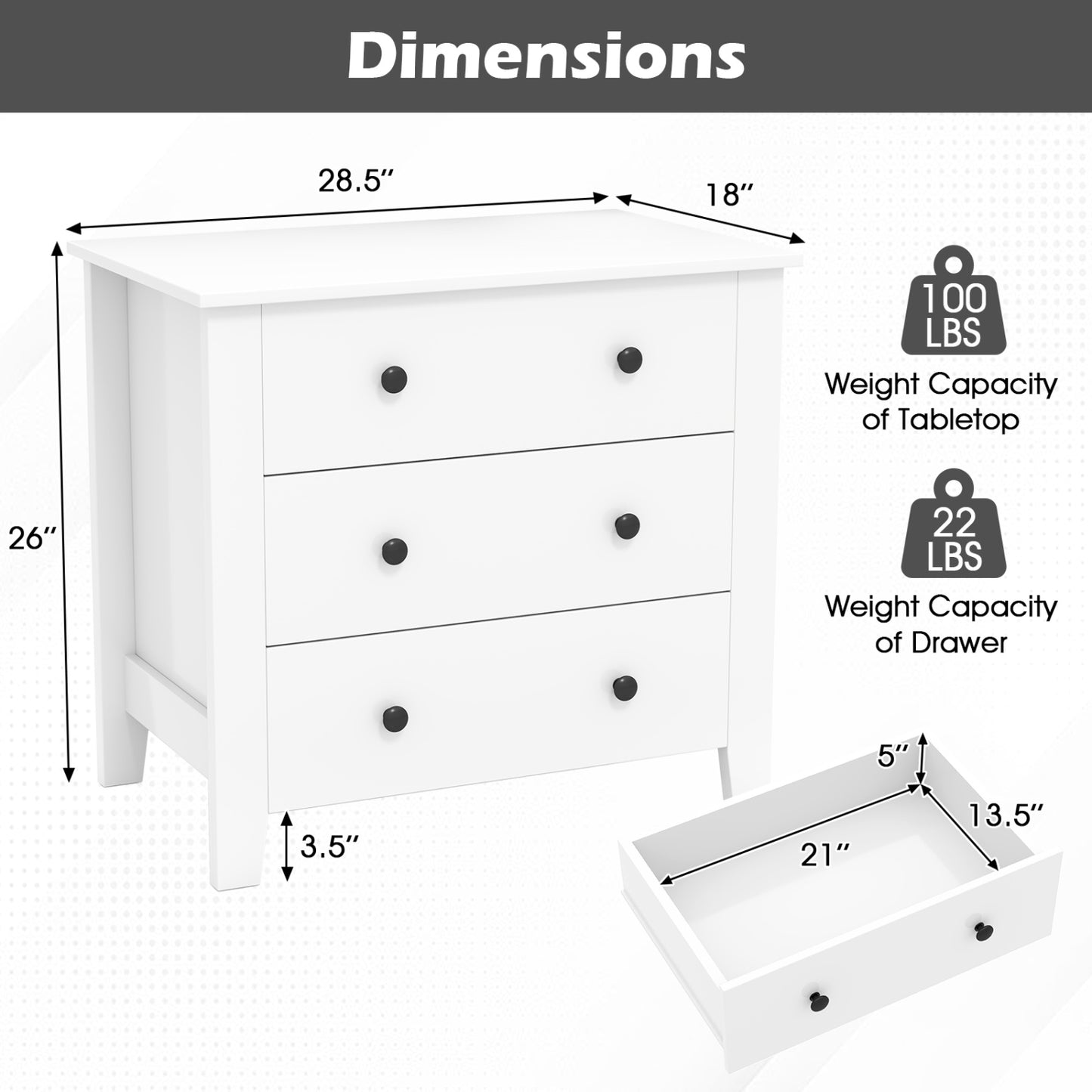 2-Pack 3 Drawer Dresser Chest, Bedside Table, White