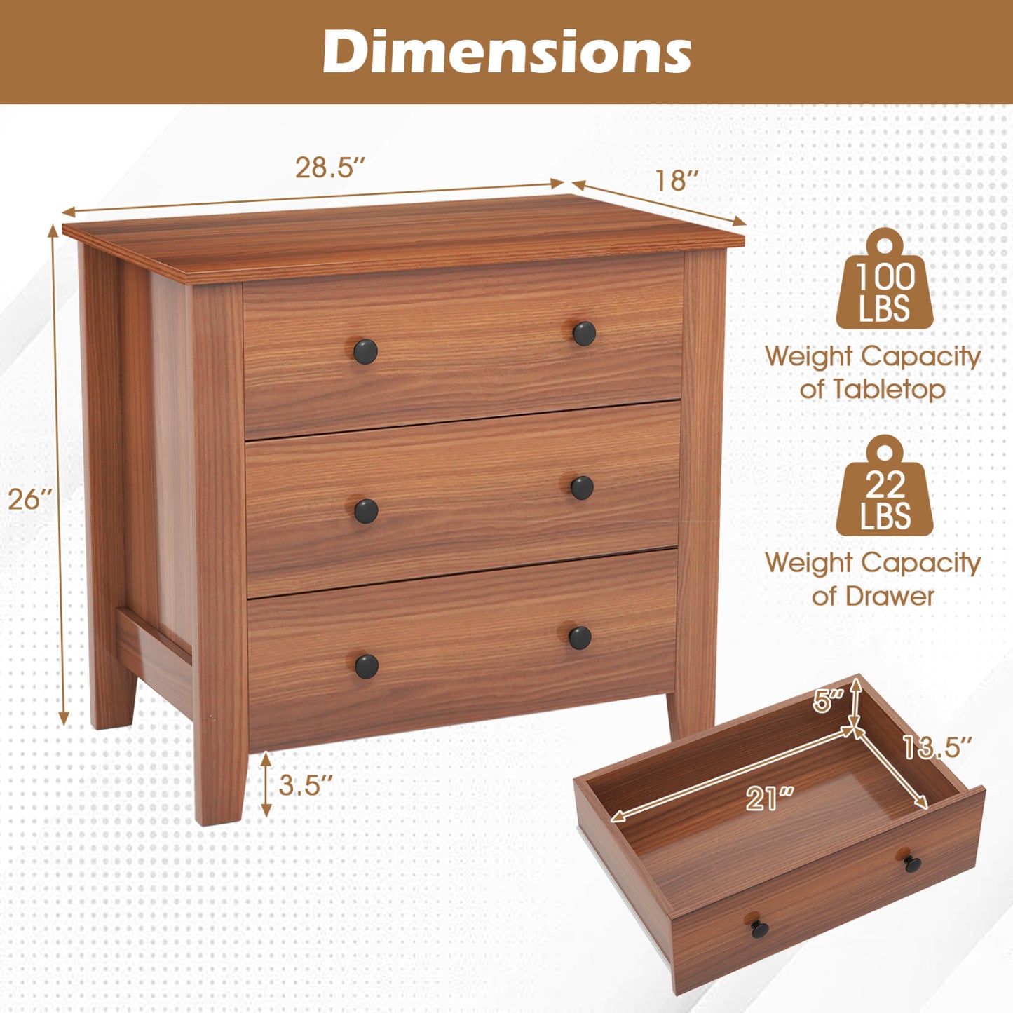 2-Pack 3 Drawer Dresser Chest, Walnut