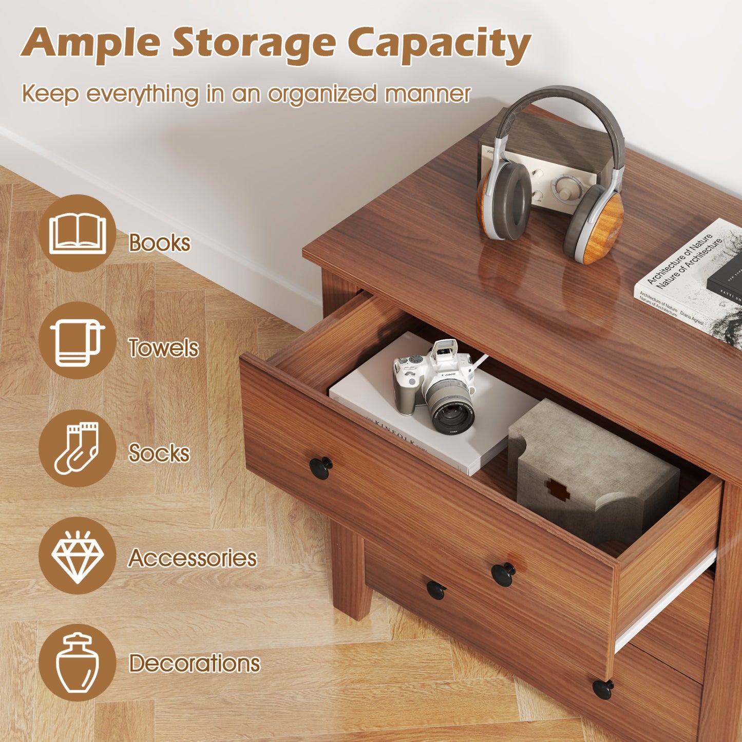 2-Pack 3 Drawer Dresser Chest, Walnut