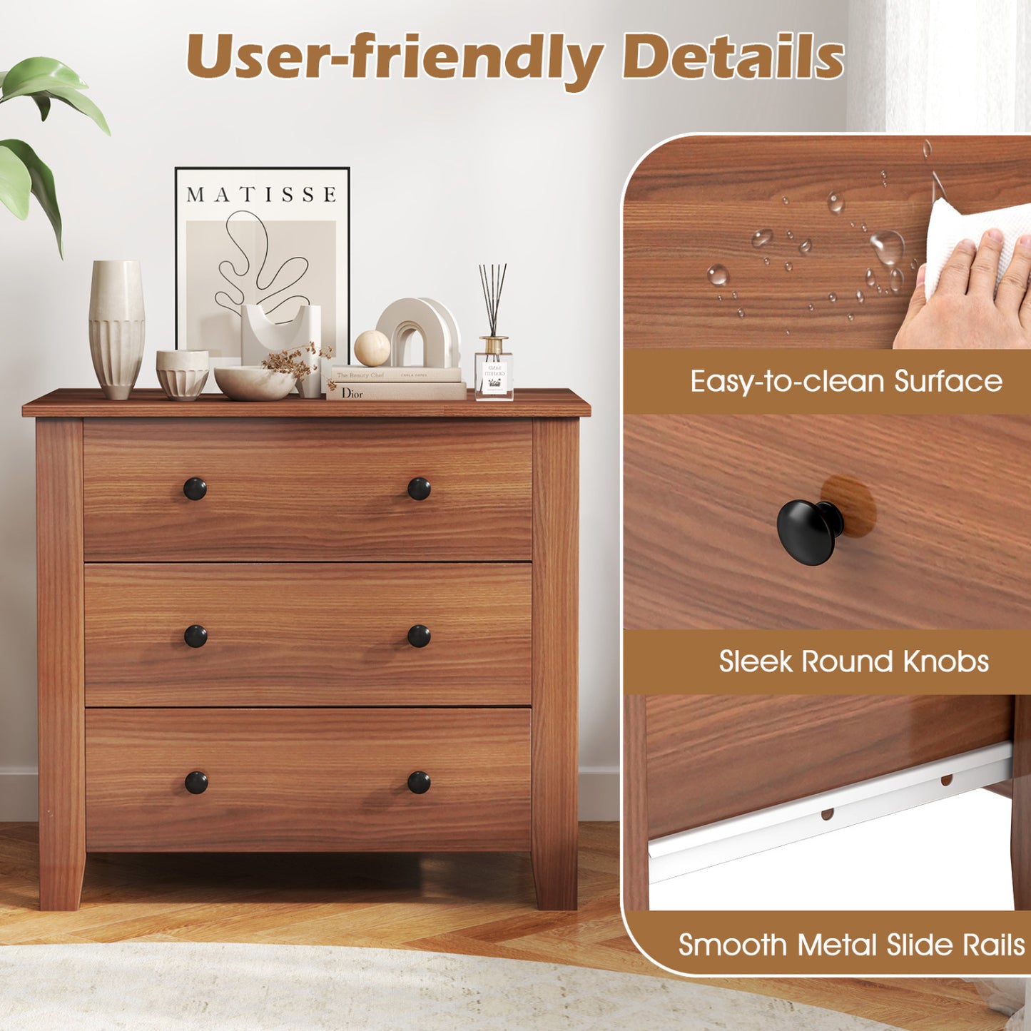 2-Pack 3 Drawer Dresser Chest, Walnut