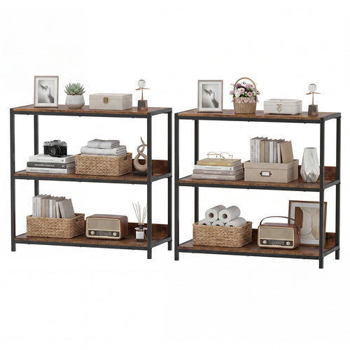 2-Pack 3-Tier Industrial Bookshelf, Rustic Brown