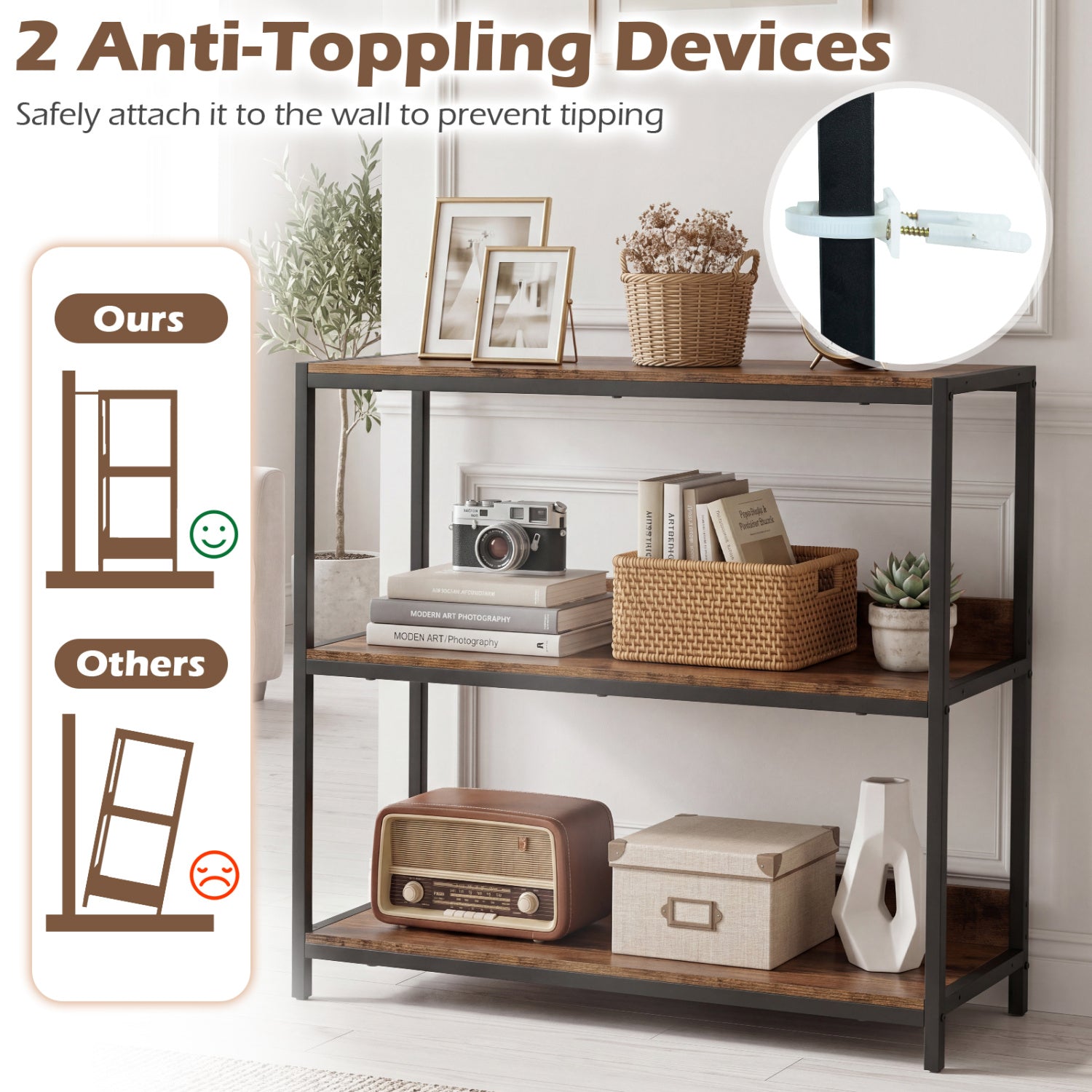 2-Pack 3-Tier Industrial Bookshelf, Rustic Brown Cabinets & Chests at Gallery Canada