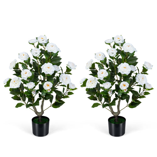 2-Pack Artificial Camellia Tree, Cement Pot, White