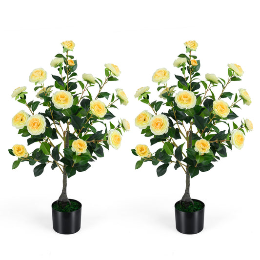 Artificial Camellia Tree Faux Plant in Pot, 2-Pack, Yellow Faux Plants Yellow at Gallery Canada