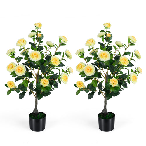 Artificial Camellia Tree Faux Plant in Pot, 2-Pack, Yellow