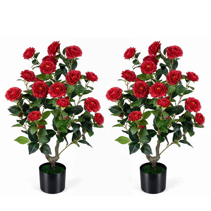 2-Pack Artificial Camellia Tree Faux Flower Plant in Cement-Filled Pot, Red Faux Plants at Gallery Canada