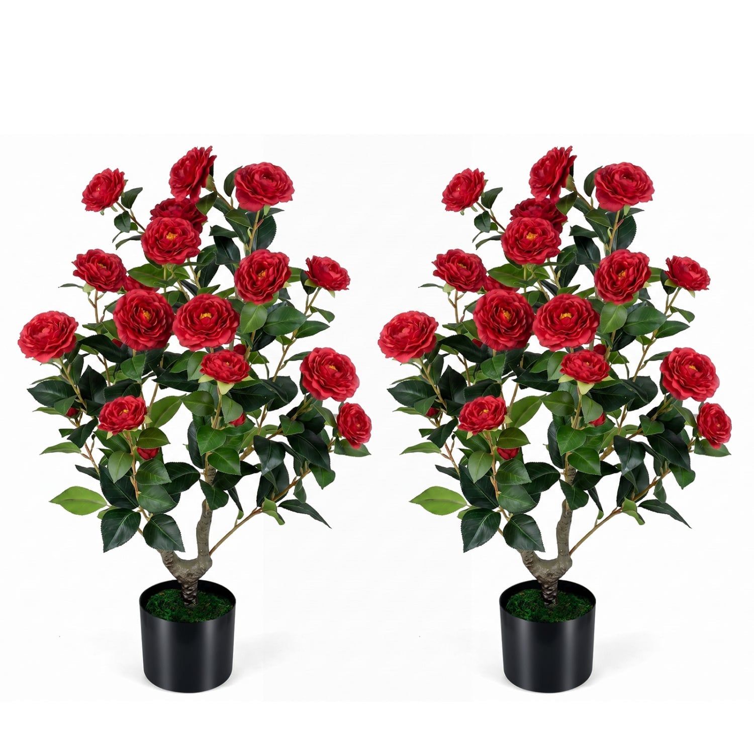 2-Pack Artificial Camellia Tree Faux Flower Plant in Cement-Filled Pot, Red Faux Plants Red at Gallery Canada