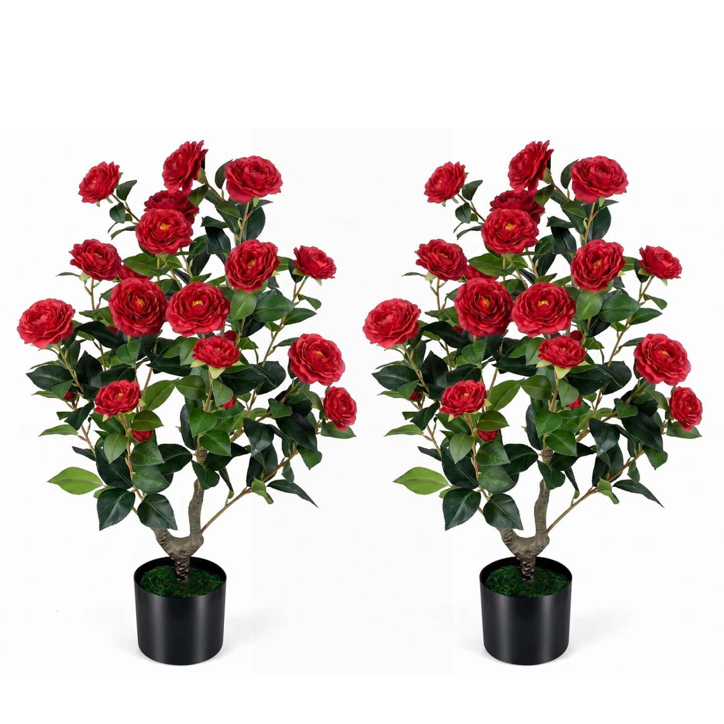 2-Pack Artificial Camellia Tree Faux Flower Plant in Cement-Filled Pot, Red Faux Plants Red at Gallery Canada