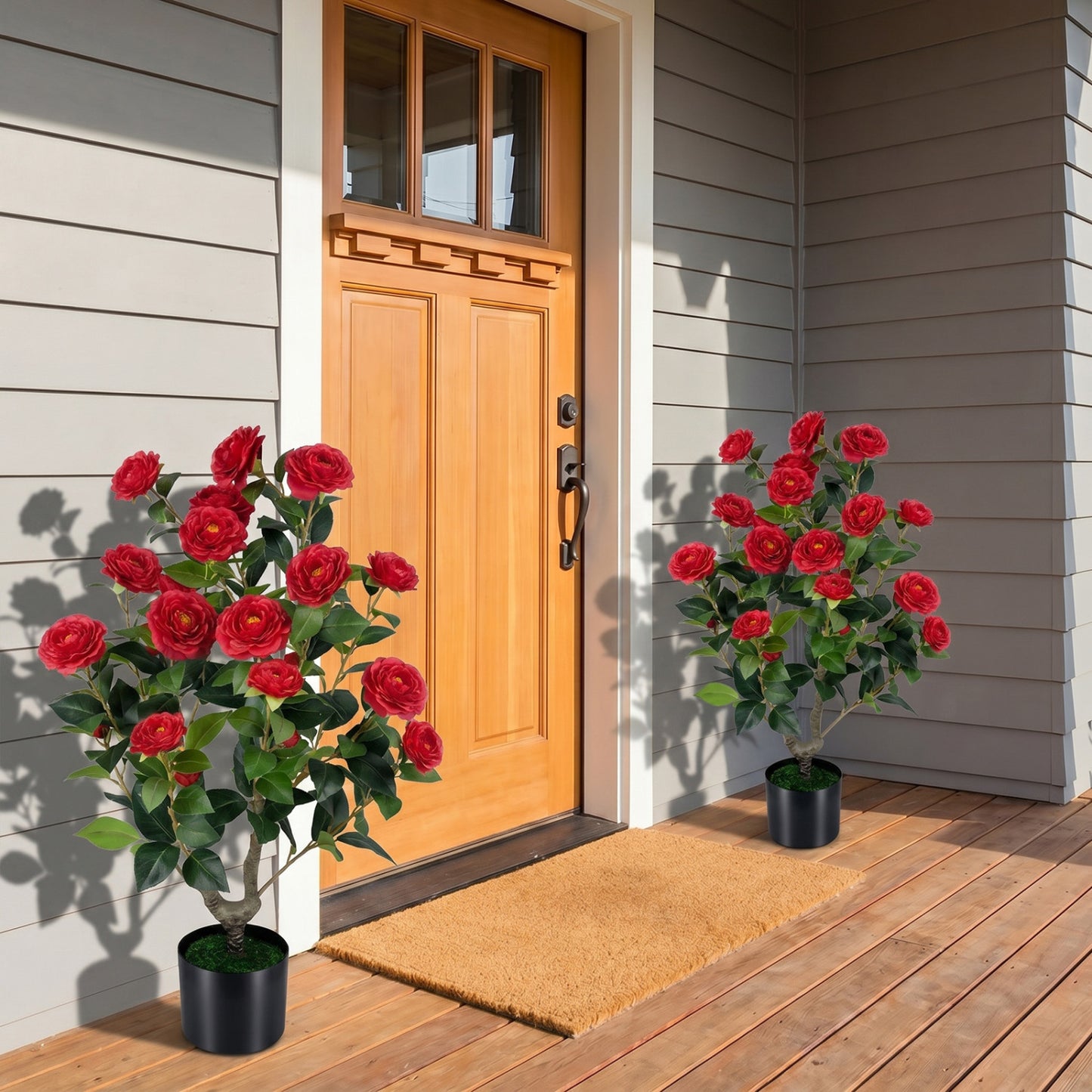2-Pack Artificial Camellia Tree Faux Flower Plant in Cement-Filled Pot, Red Faux Plants at Gallery Canada