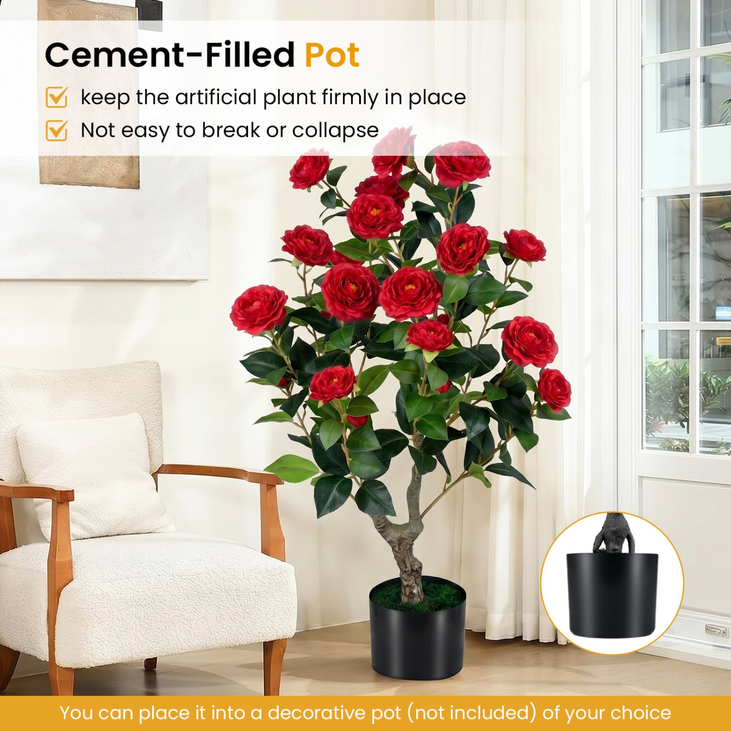2-Pack Artificial Camellia Tree Faux Flower Plant in Cement-Filled Pot, Red Faux Plants at Gallery Canada