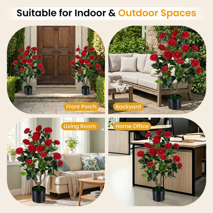 2-Pack Artificial Camellia Tree Faux Flower Plant in Cement-Filled Pot, Red Faux Plants at Gallery Canada