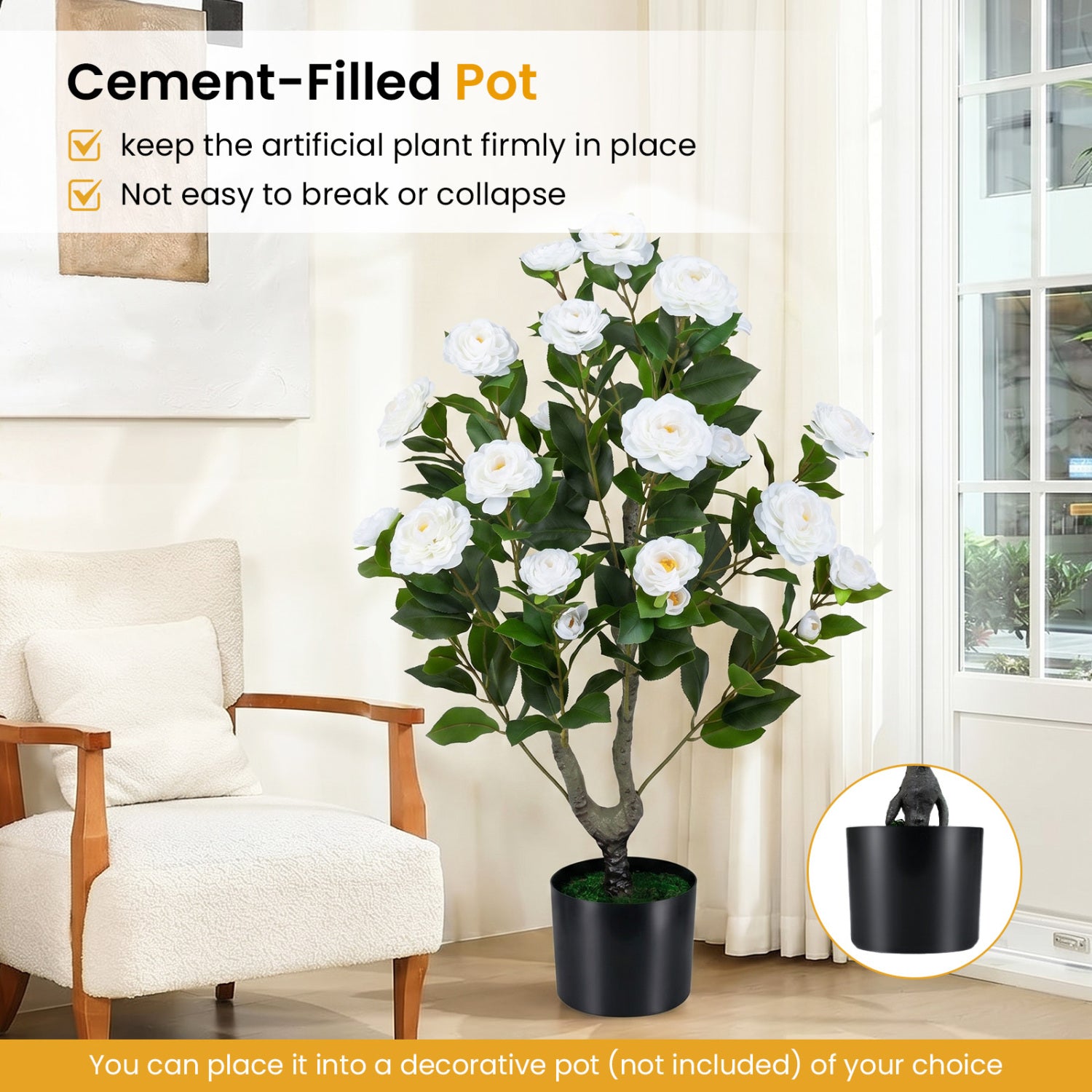 2-Pack Artificial Camellia Tree, Cement Pot, White Faux Plants at Gallery Canada