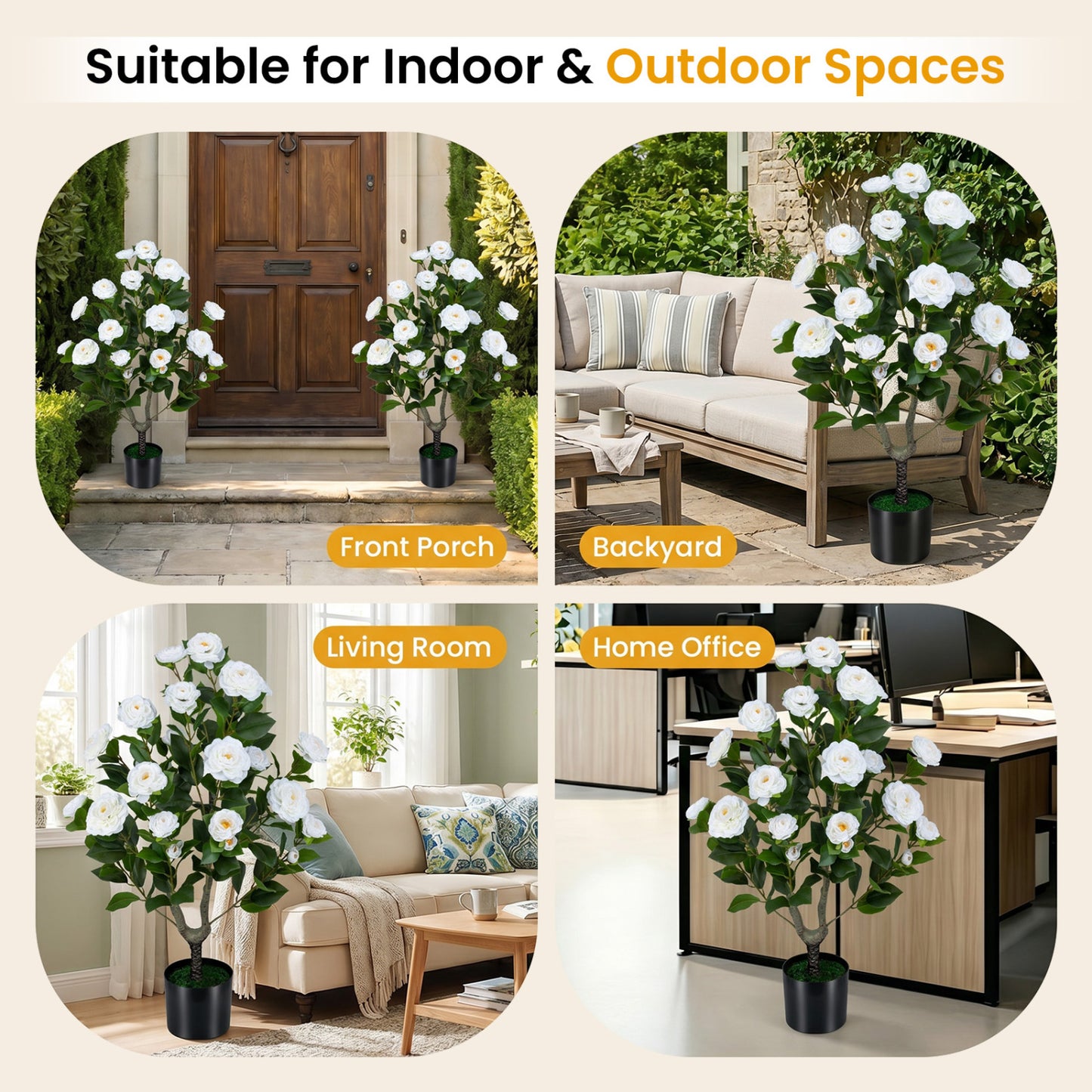 2-Pack Artificial Camellia Tree, Cement Pot, White Faux Plants at Gallery Canada
