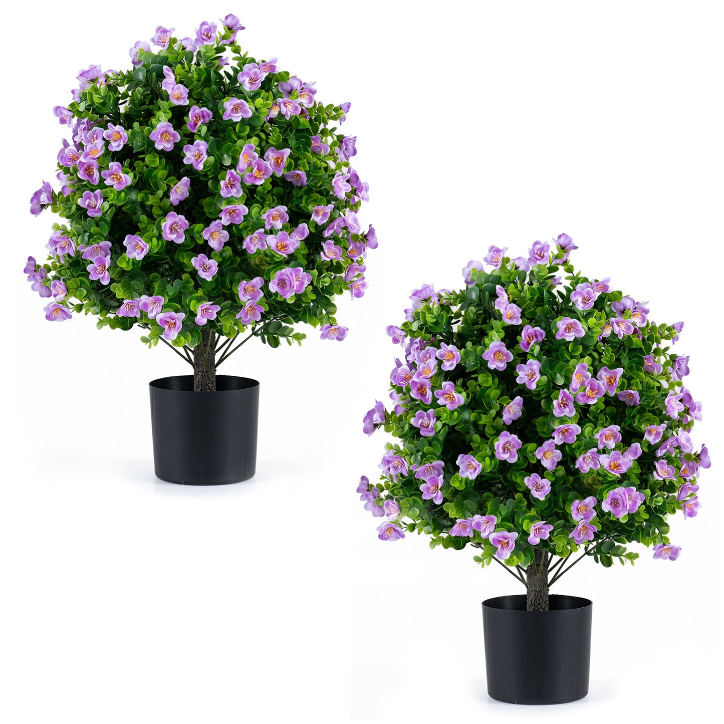 2 Pack Artificial Eucalyptus Topiary Trees With Flowers, Cement Planter, Purple