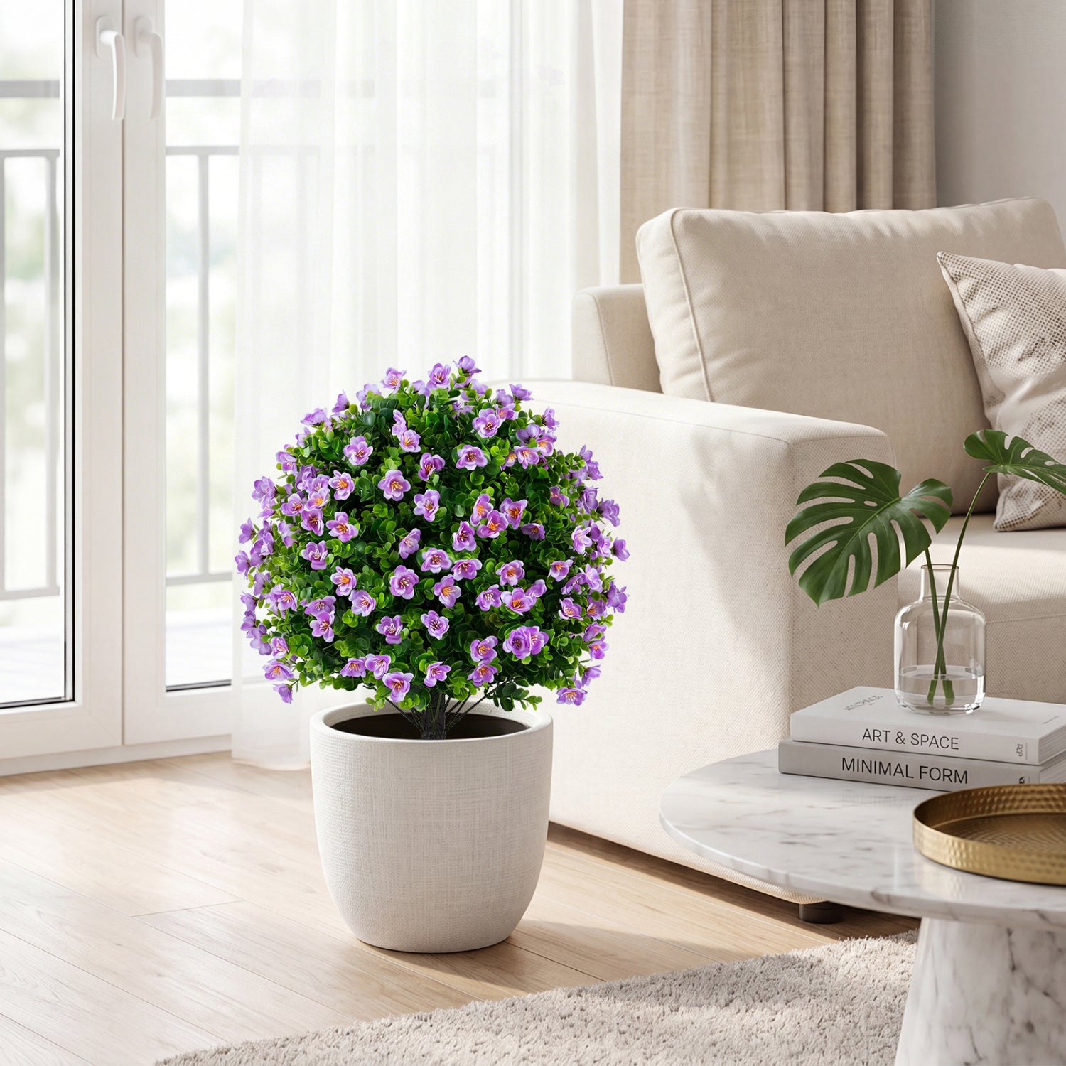 2 Pack Artificial Eucalyptus Topiary Trees With Flowers, Cement Planter, Purple Faux Plants at Gallery Canada
