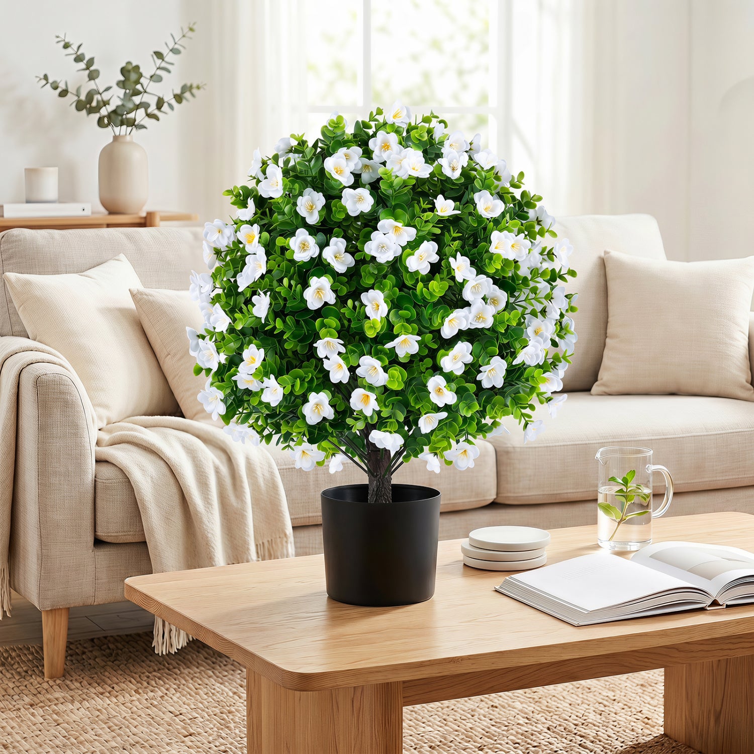 2 Pack Artificial Eucalyptus Topiary Trees with Cement Planter, White Faux Plants at Gallery Canada