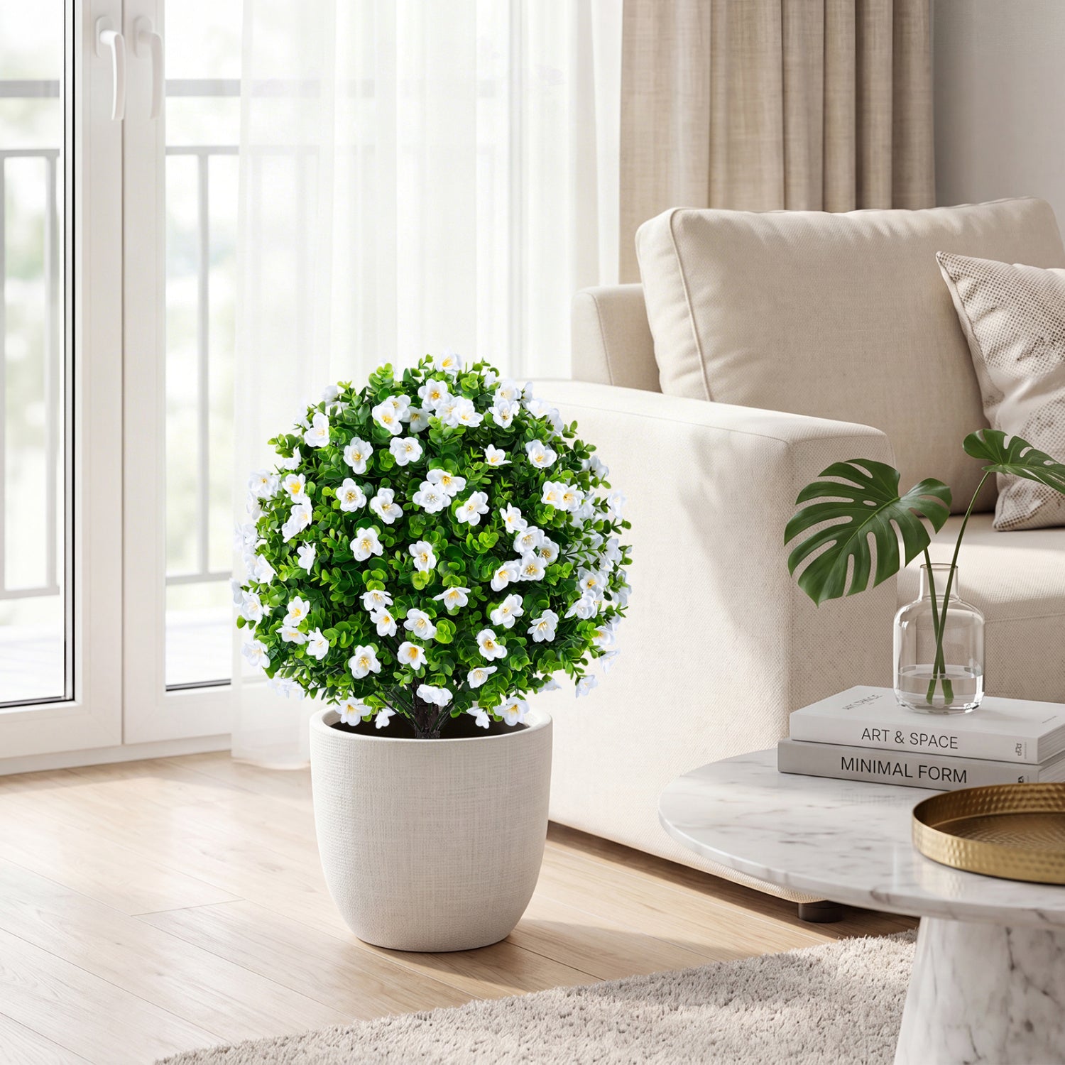 2 Pack Artificial Eucalyptus Topiary Trees with Cement Planter, White Faux Plants at Gallery Canada
