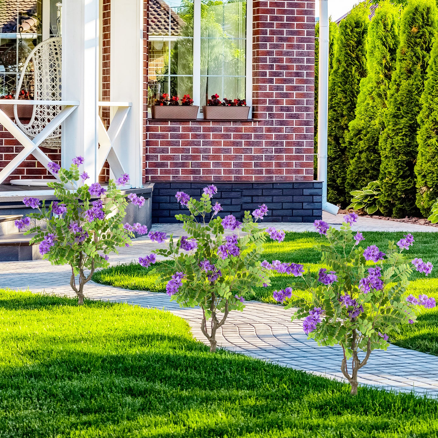 2 Pack Artificial Locust Flower Trees 39 Inch Fake Evergreen Shrubs with Ground Spikes, Purple Faux Plants at Gallery Canada