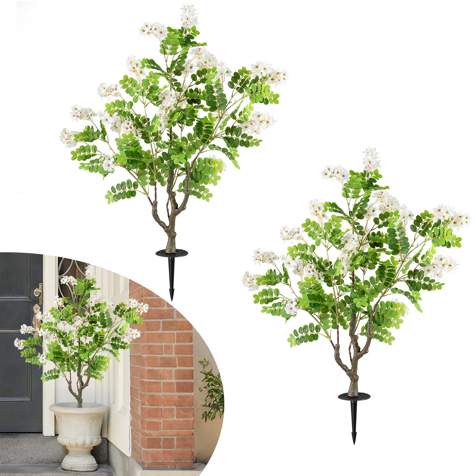 2 Pack Artificial Locust Flower Trees 39 Inch Fake Evergreen Shrubs with Ground Spikes, White Faux Plants at Gallery Canada