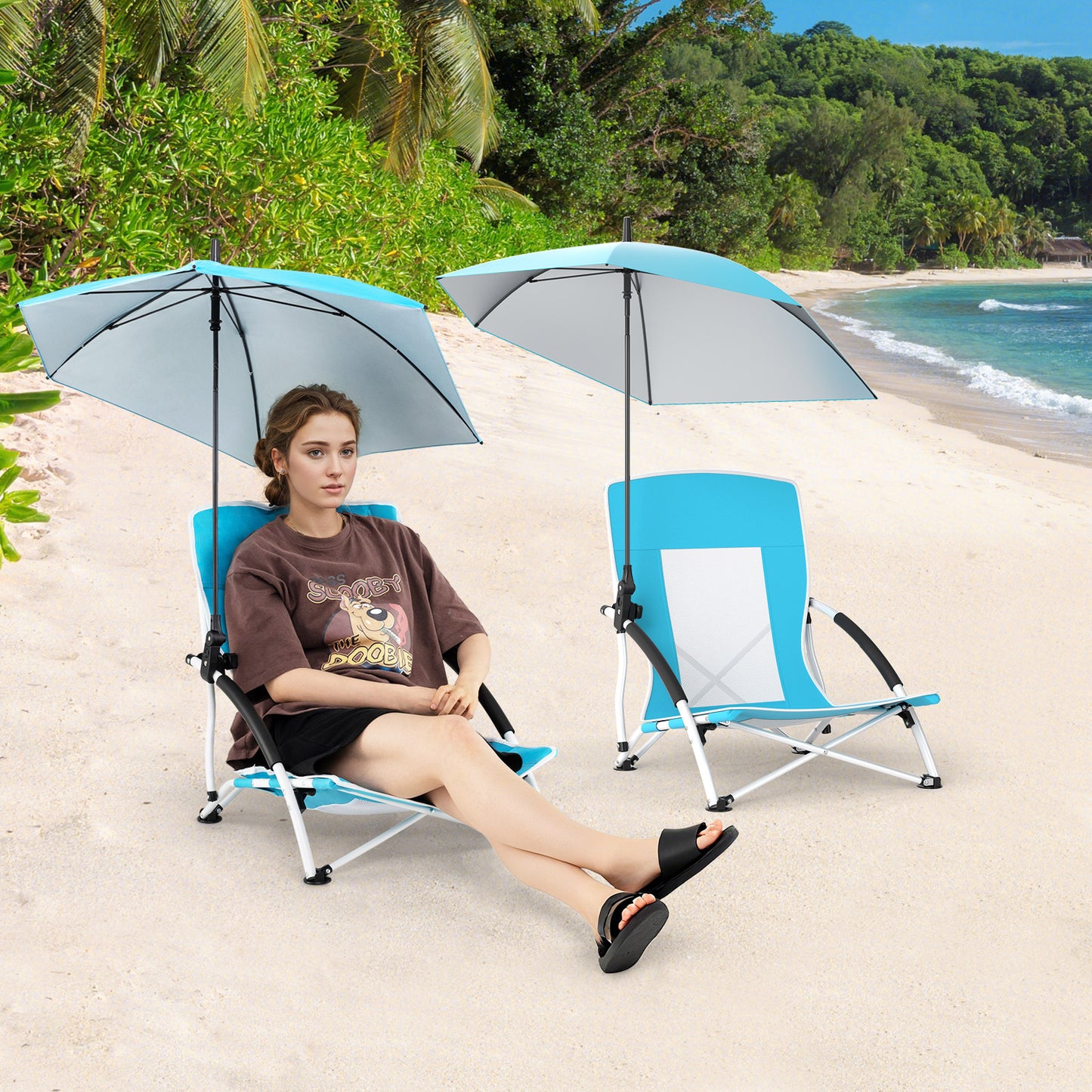 2 Pack Beach Umbrella Chair for Adults with Adjustable Parasol, Blue Beach & Lawn Chairs at Gallery Canada