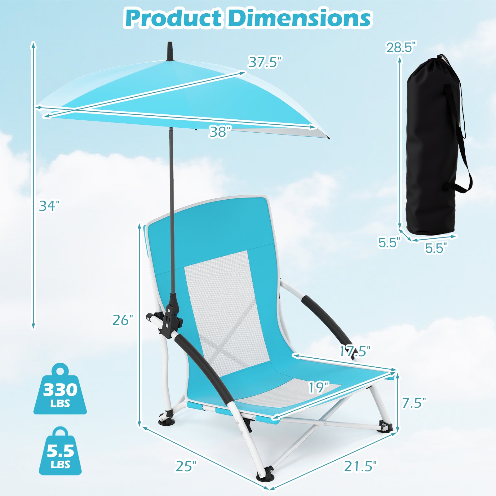 2 Pack Beach Umbrella Chair for Adults with Adjustable Parasol, Blue Beach & Lawn Chairs at Gallery Canada