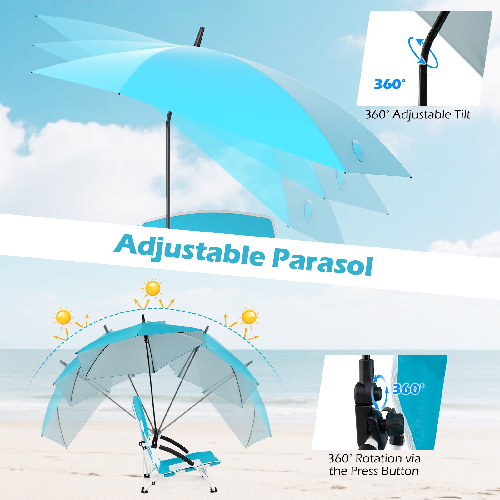 2 Pack Beach Umbrella Chair for Adults with Adjustable Parasol, Blue Beach & Lawn Chairs at Gallery Canada