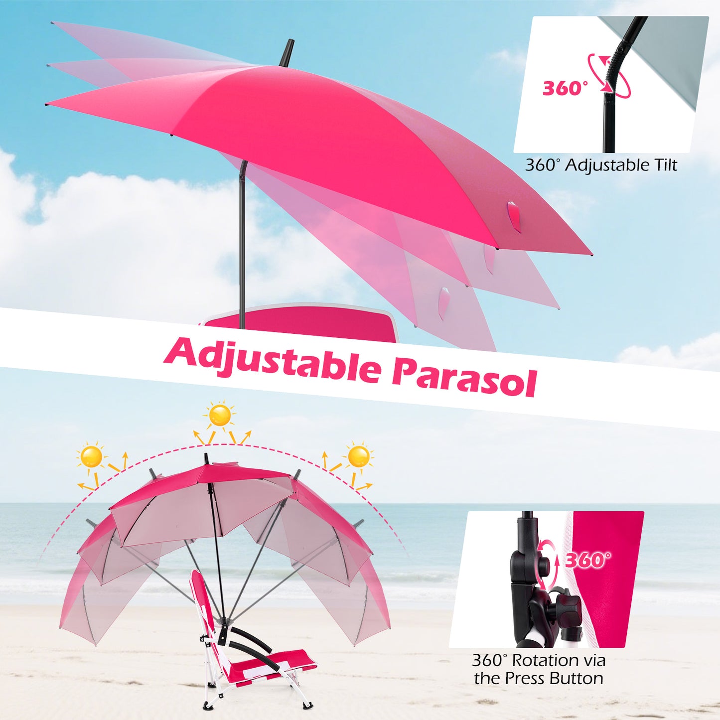 2 Pack Beach Umbrella Chair for Adults with Adjustable Parasol, Pink Beach & Lawn Chairs at Gallery Canada