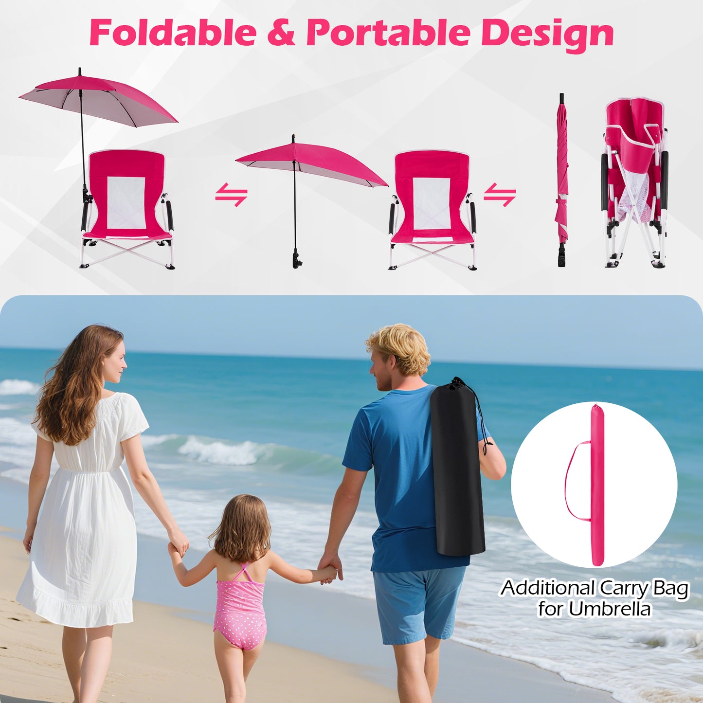 2 Pack Beach Umbrella Chair for Adults with Adjustable Parasol, Pink Beach & Lawn Chairs at Gallery Canada