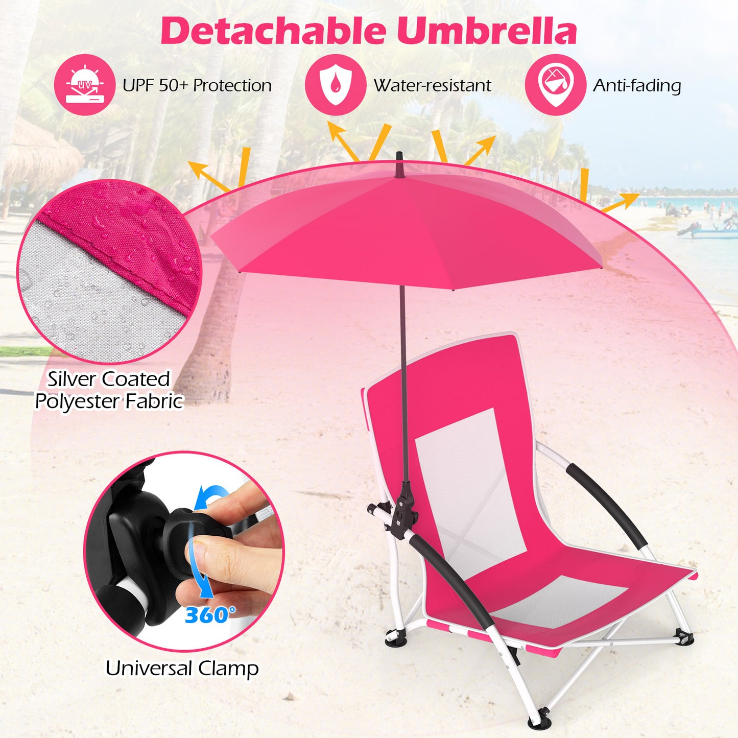 2 Pack Beach Umbrella Chair for Adults with Adjustable Parasol, Pink Beach & Lawn Chairs at Gallery Canada