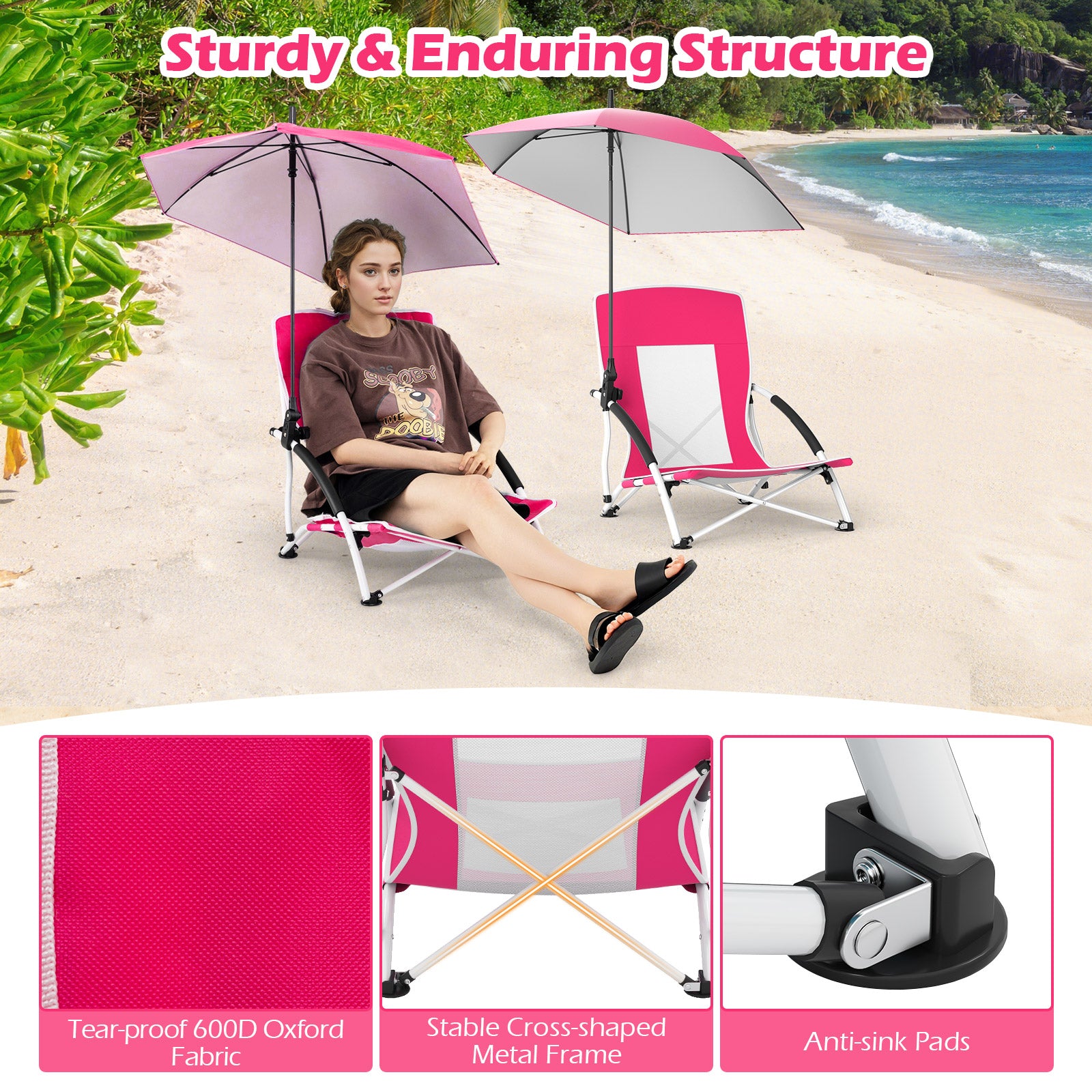 2 Pack Beach Umbrella Chair for Adults with Adjustable Parasol, Pink Beach & Lawn Chairs at Gallery Canada