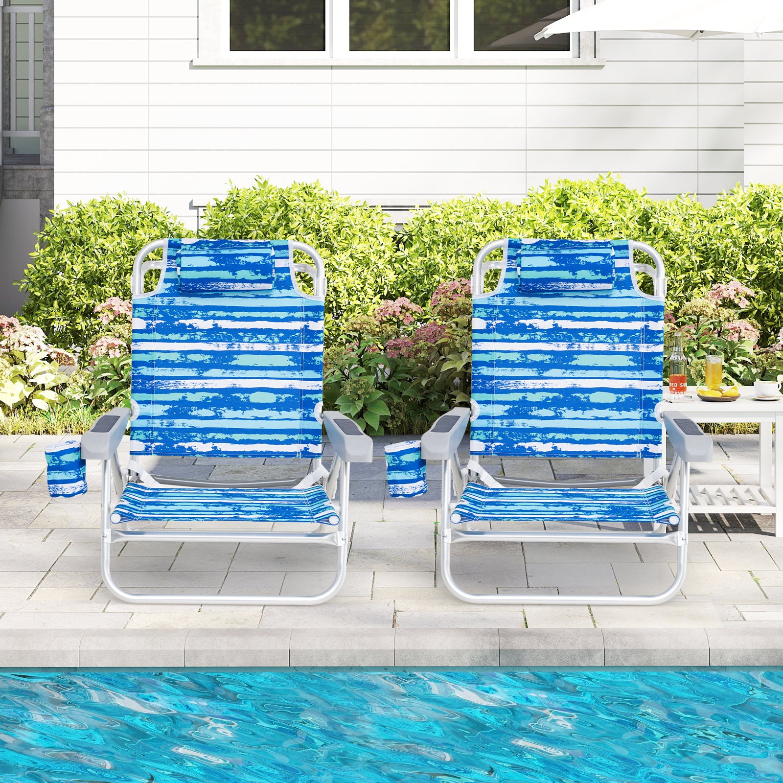 2 Pack Folding Beach Chair with Adjustable Positions and Head Pillow, Blue Beach & Lawn Chairs at Gallery Canada