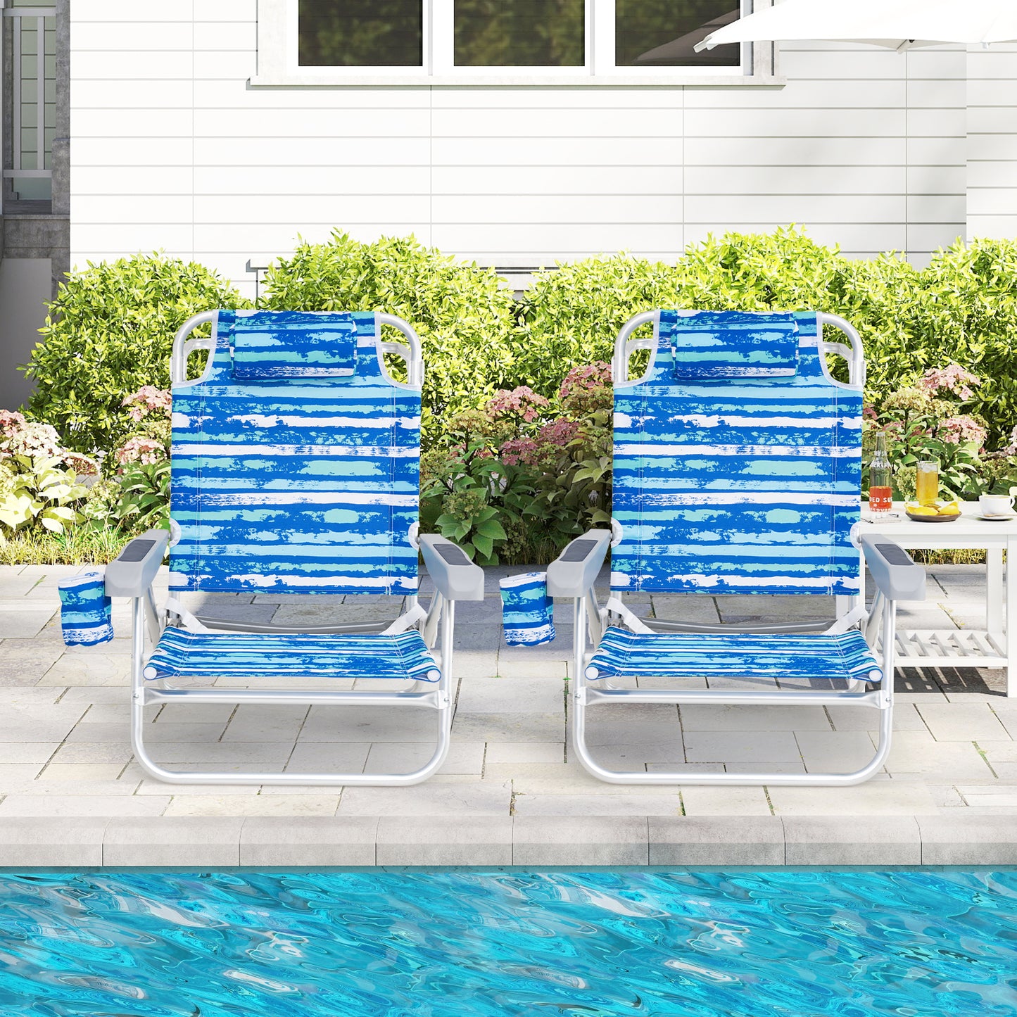 2 Pack Folding Beach Chair with Adjustable Positions and Head Pillow, Blue Beach & Lawn Chairs at Gallery Canada