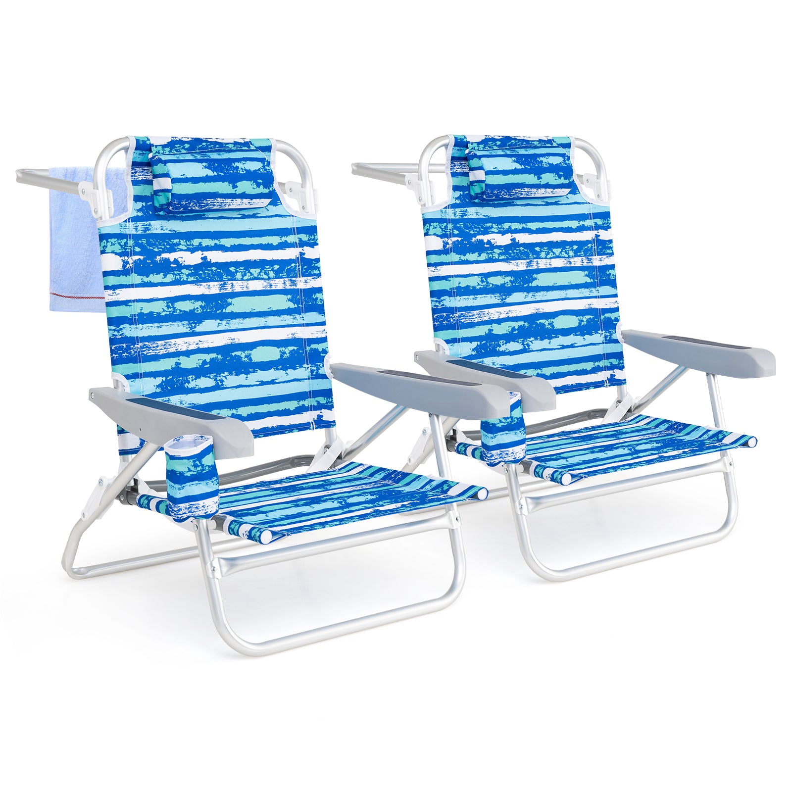 2 Pack Folding Beach Chair with Adjustable Positions and Head Pillow, Blue Beach & Lawn Chairs Blue at Gallery Canada