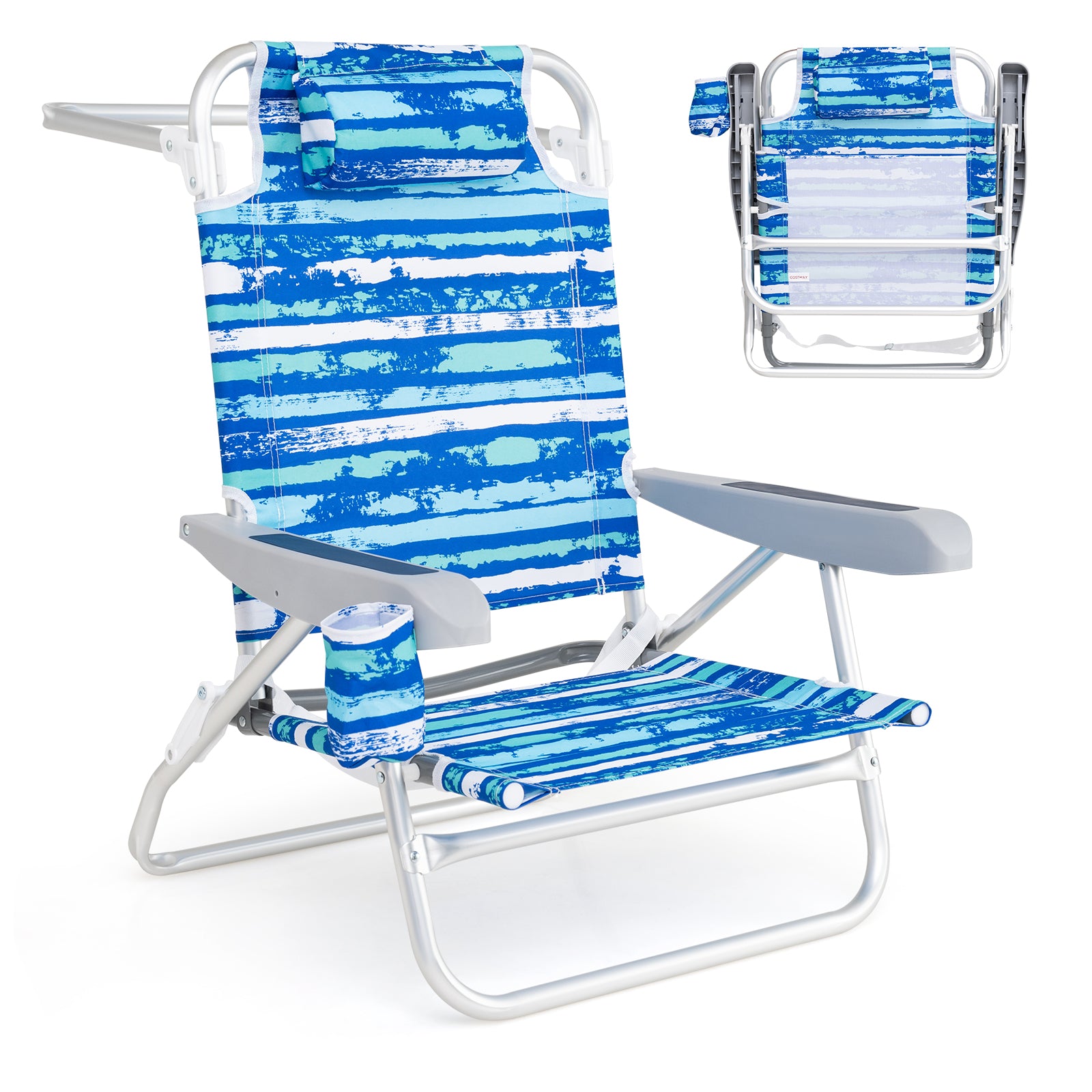 2 Pack Folding Beach Chair with Adjustable Positions and Head Pillow, Blue Beach & Lawn Chairs at Gallery Canada