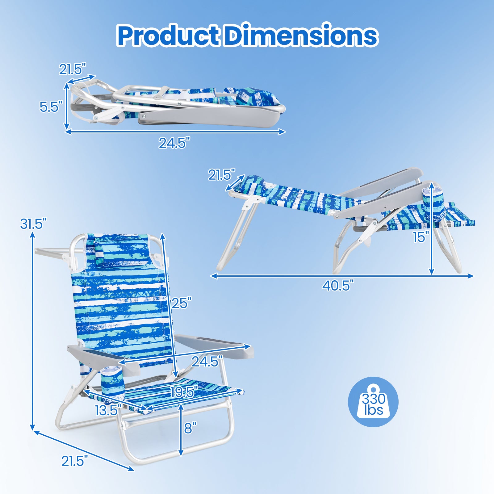 2 Pack Folding Beach Chair with Adjustable Positions and Head Pillow, Blue Beach & Lawn Chairs at Gallery Canada