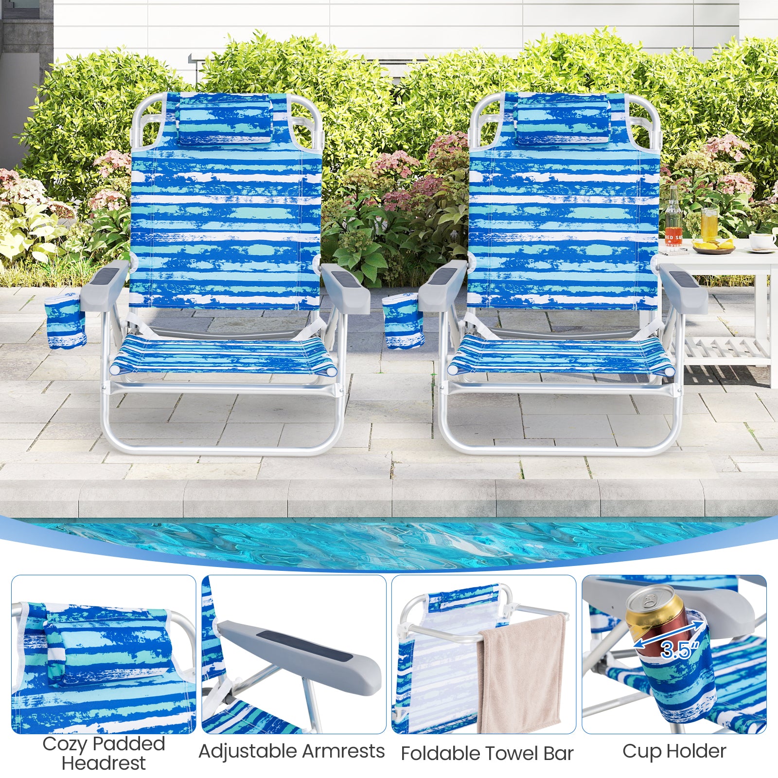 2 Pack Folding Beach Chair with Adjustable Positions and Head Pillow, Blue Beach & Lawn Chairs at Gallery Canada