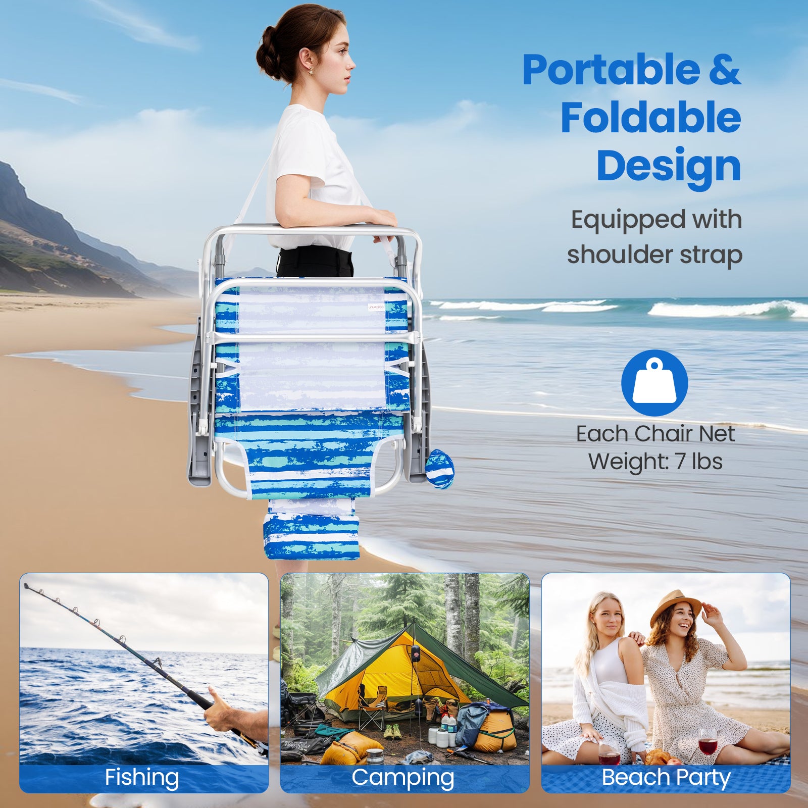 2 Pack Folding Beach Chair with Adjustable Positions and Head Pillow, Blue Beach & Lawn Chairs at Gallery Canada