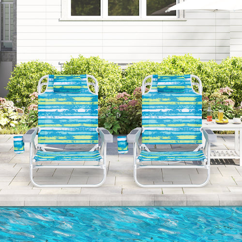 2 Pack Folding Beach Chair with Adjustable Positions and Head Pillow, Green