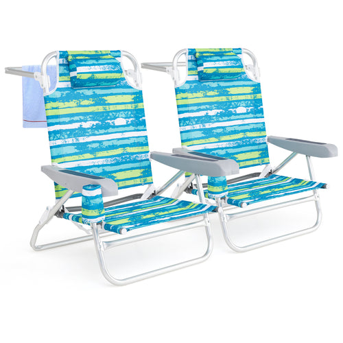 2 Pack Folding Beach Chair with Adjustable Positions and Head Pillow, Green