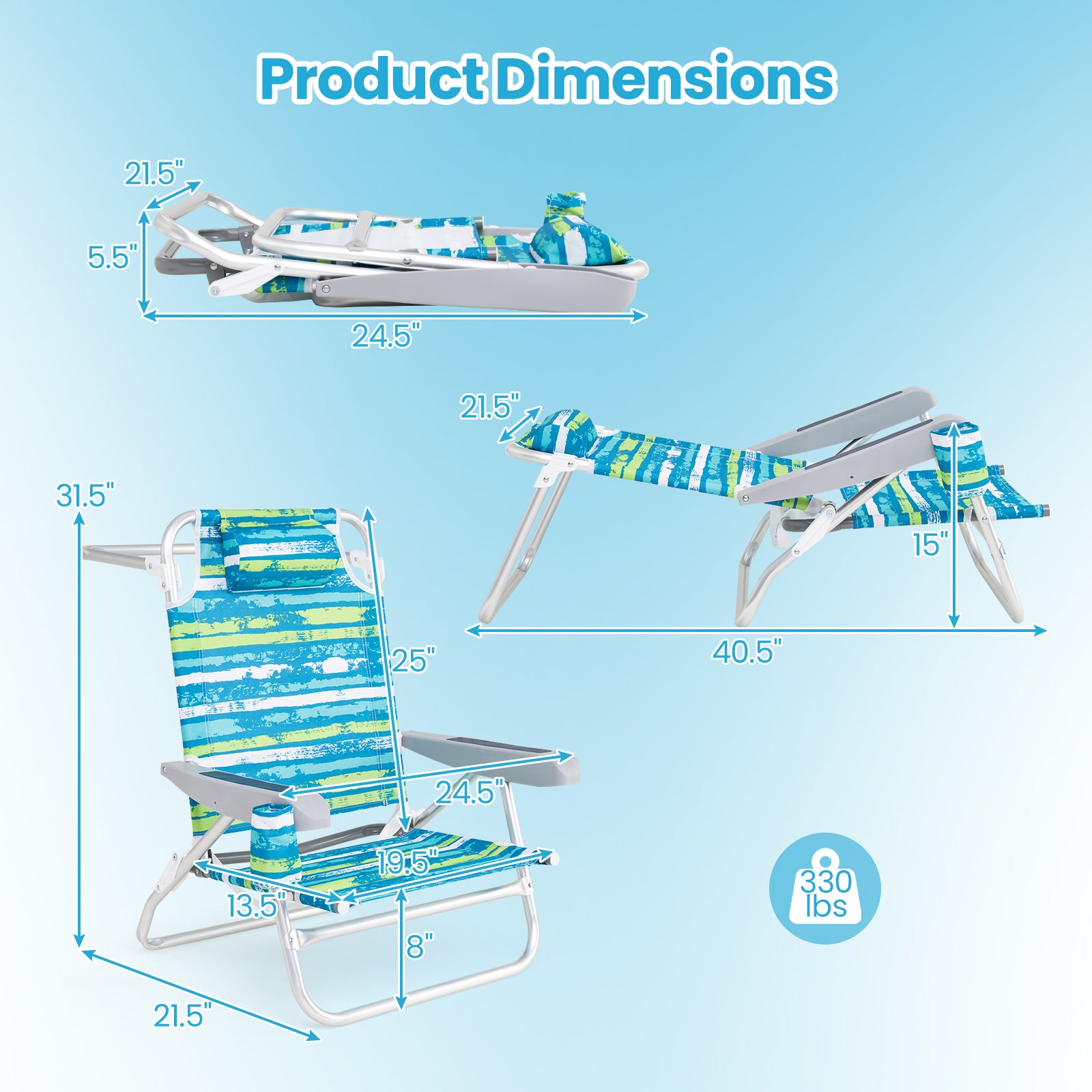 2 Pack Folding Beach Chair with Adjustable Positions and Head Pillow, Green Beach & Lawn Chairs at Gallery Canada
