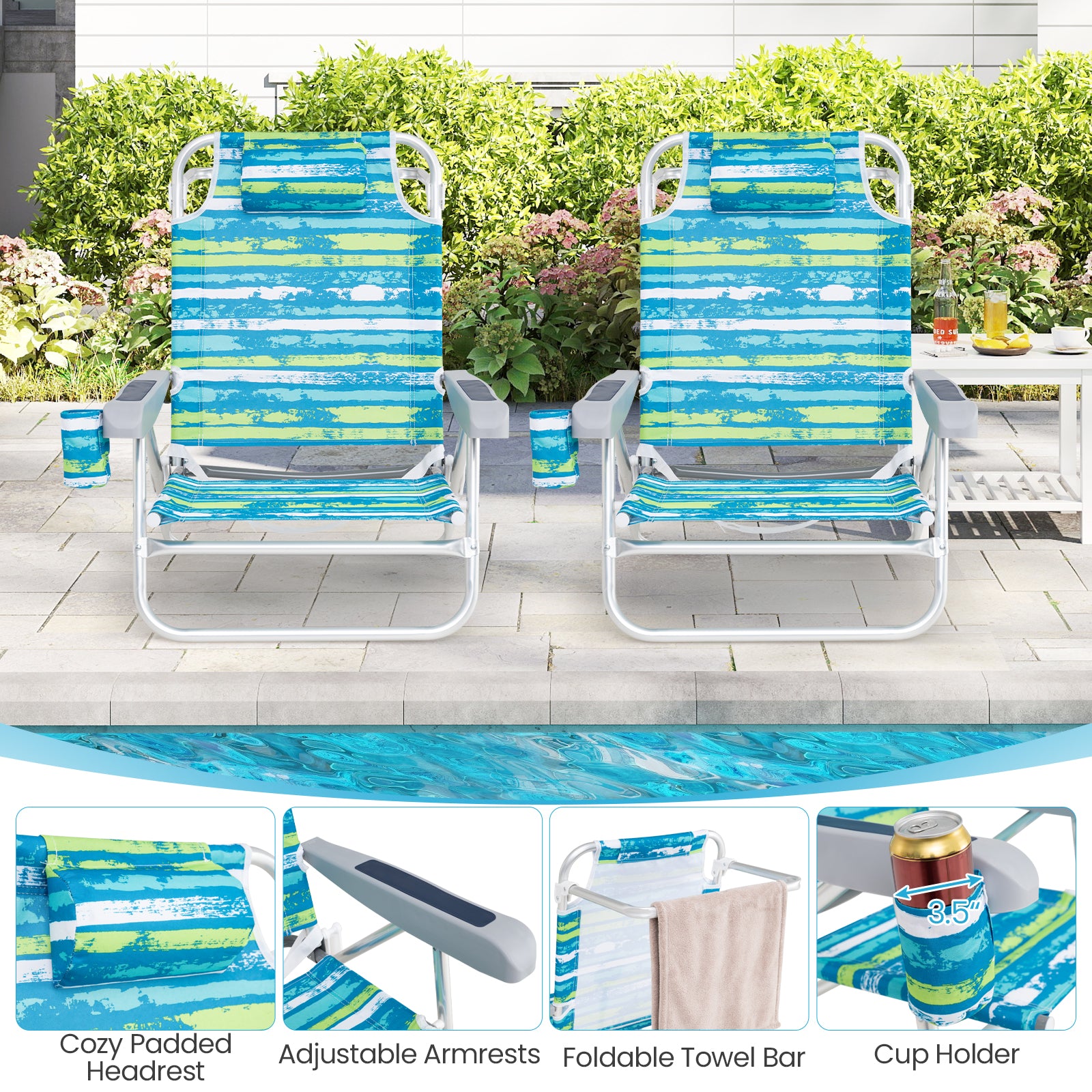 2 Pack Folding Beach Chair with Adjustable Positions and Head Pillow, Green Beach & Lawn Chairs at Gallery Canada