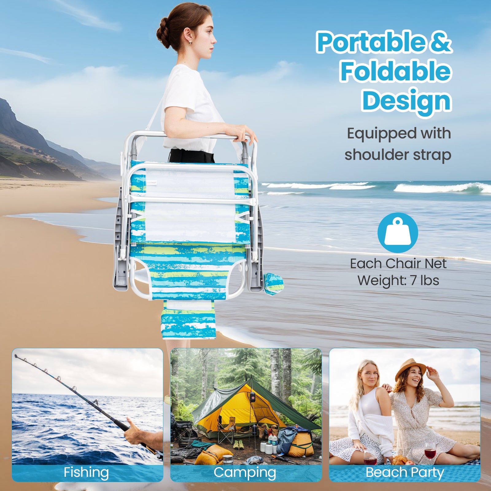 2 Pack Folding Beach Chair with Adjustable Positions and Head Pillow, Green Beach & Lawn Chairs at Gallery Canada